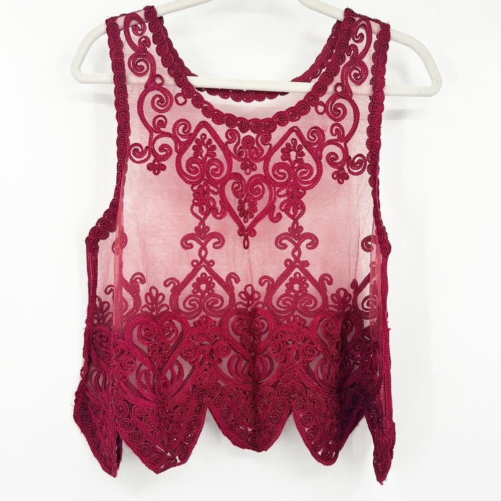 Molli Womens‎ Boho Romantic Heart Embroidered Scalloped Hem Sheer Mesh Blouse